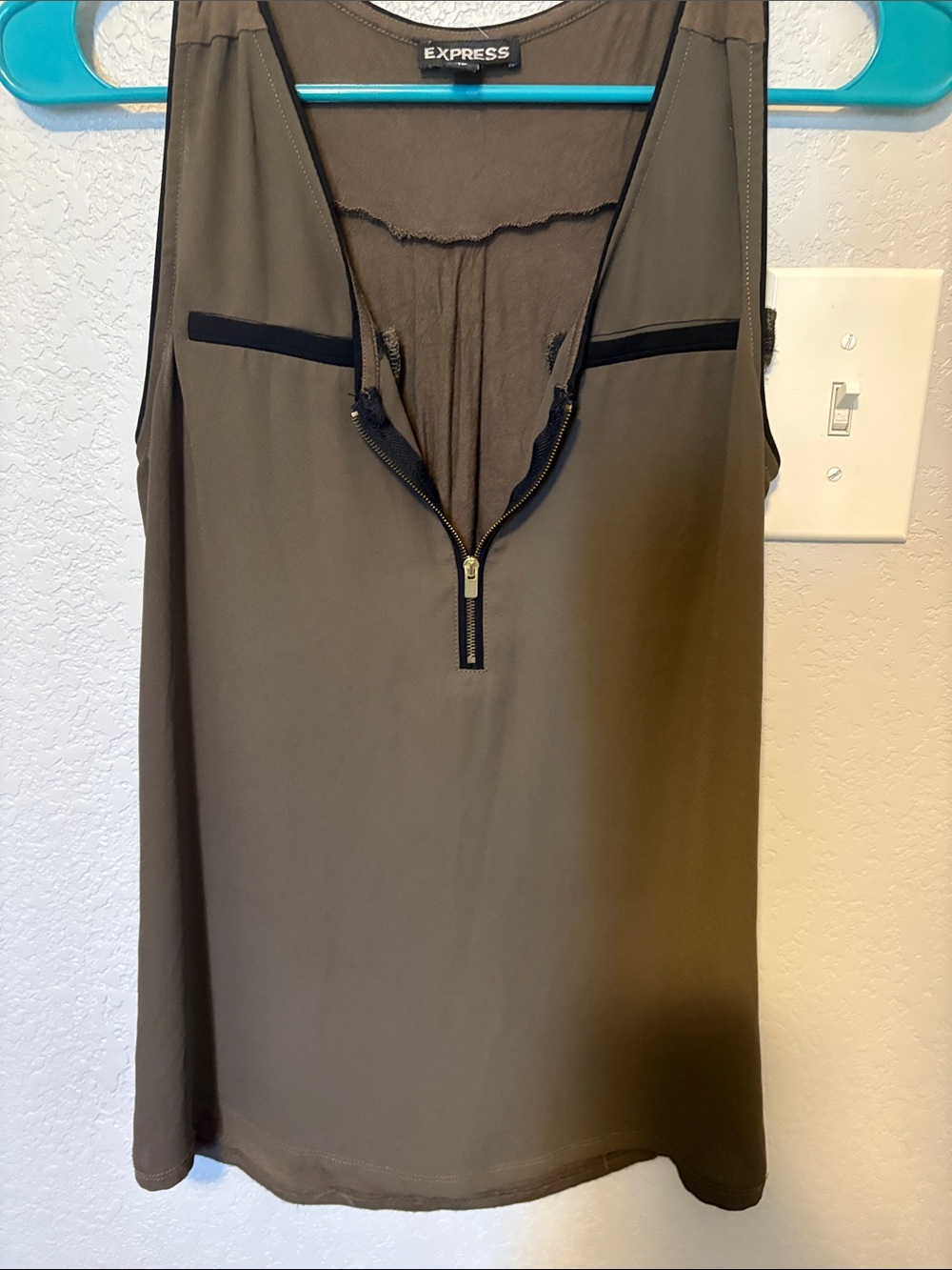 Express Olive Green Zip-Front Sleeveless Camisole with Black Trim